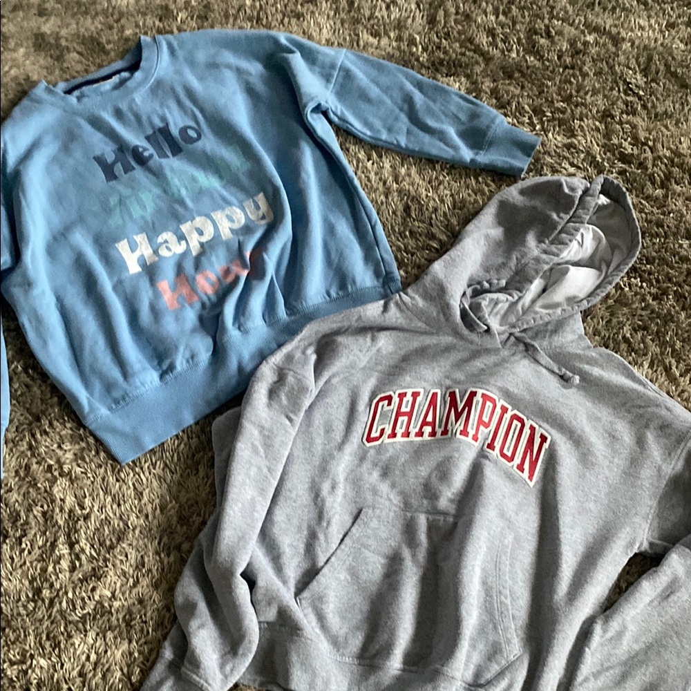 Champion Gray Hoodie and Blue Sweatshirt